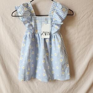 ZARA NWT Blue Textured Gingham Flowers Dress Girl’s Size 4 Checkered Picnic Cute